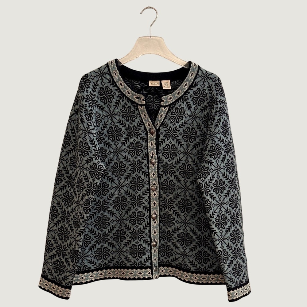 LL Bean Merino Lambswool Nordic Cardigan Sweater XL Black Grey Fair Isle Button